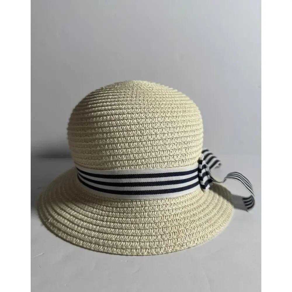 CXY Women’s Straw Sun Hat Cream Navy Striped Bow Cloche Bucket NWT